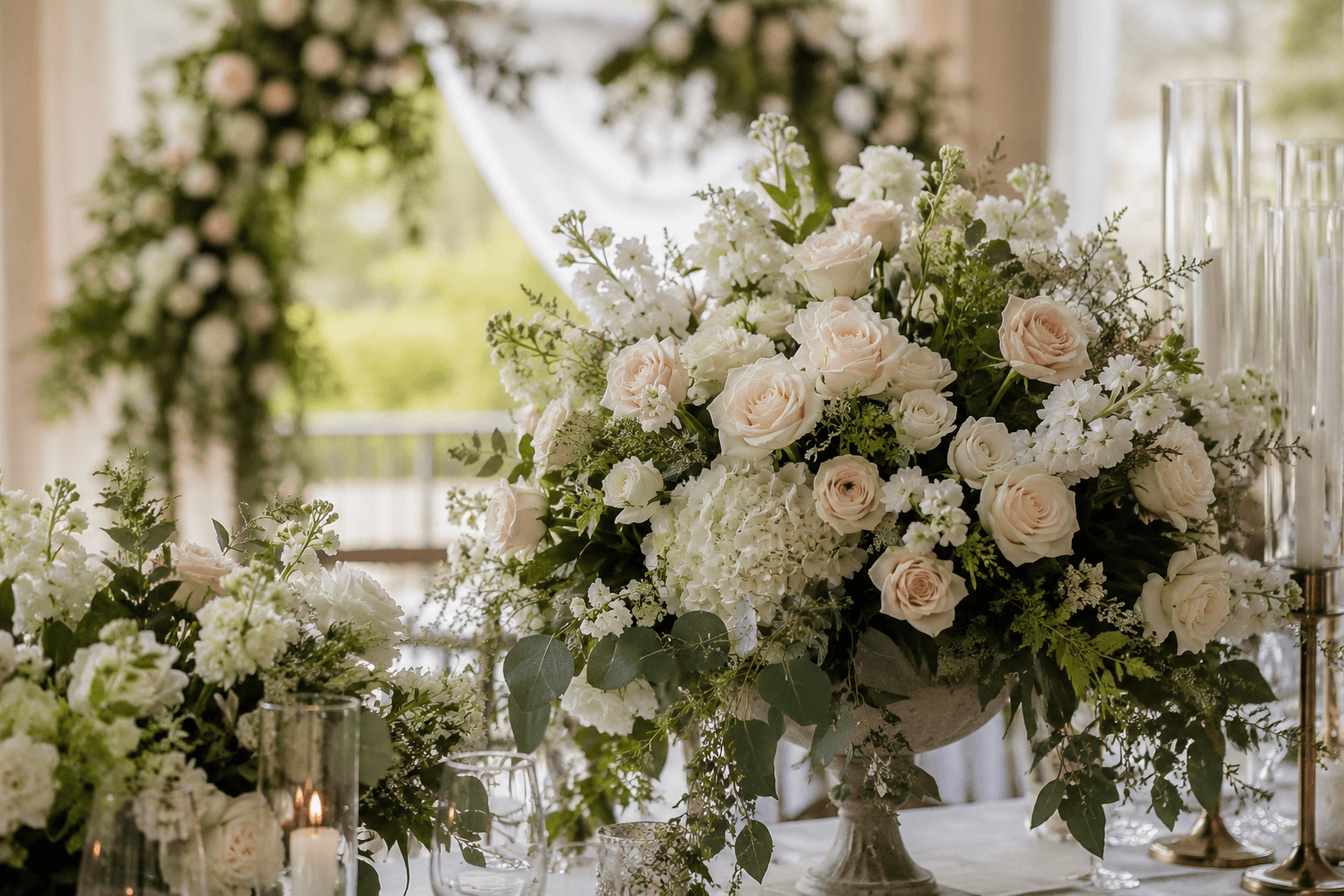 Bridal bouquet of garden roses and seasonal greenery tied with silk ribbon