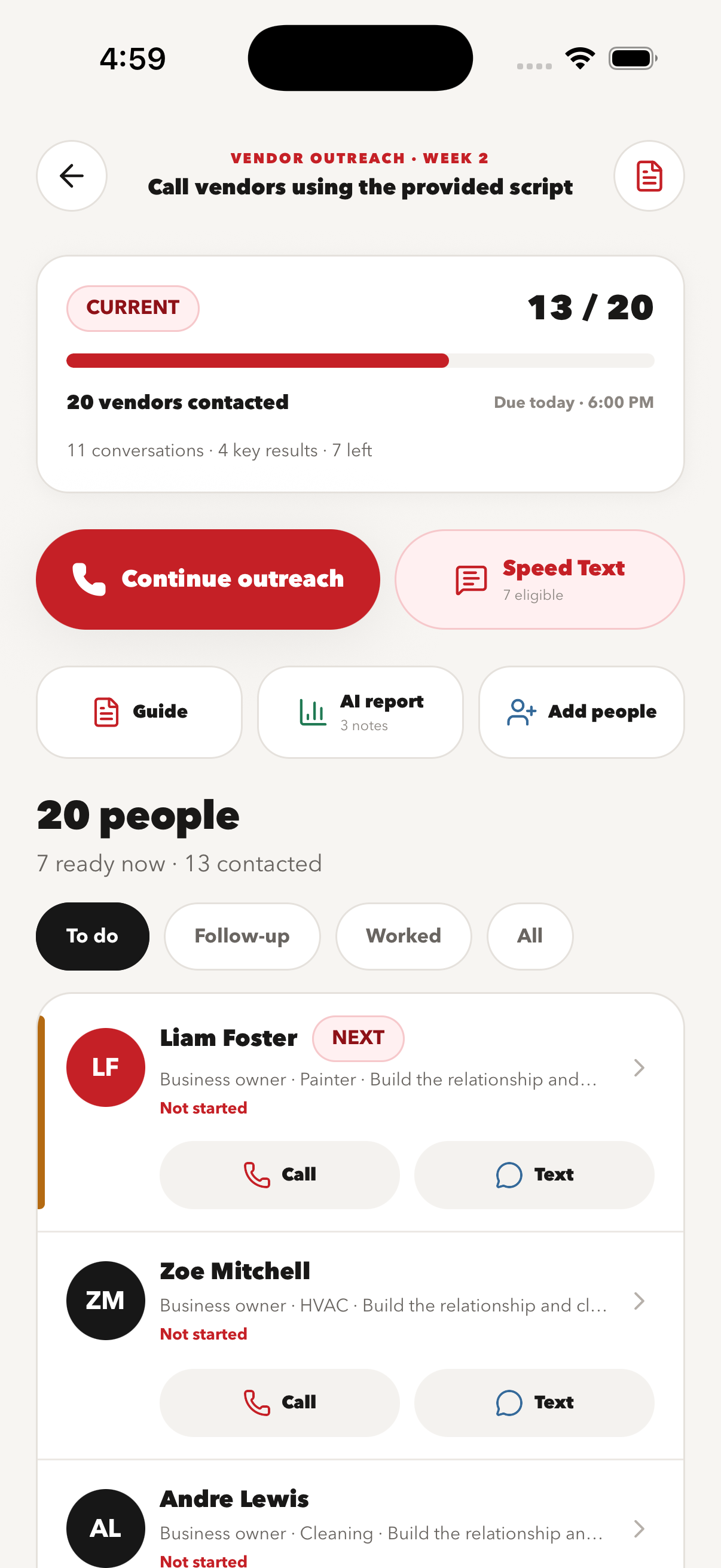 Vendor outreach campaign queue with people, call, text, guide, and report actions