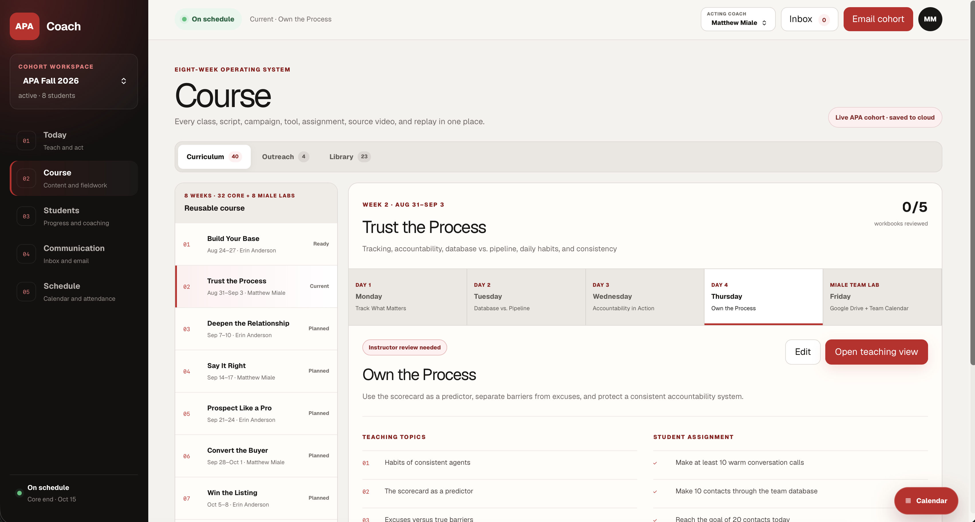 APA coach dashboard showing the eight-week course, daily lessons, teaching topics, and student assignments