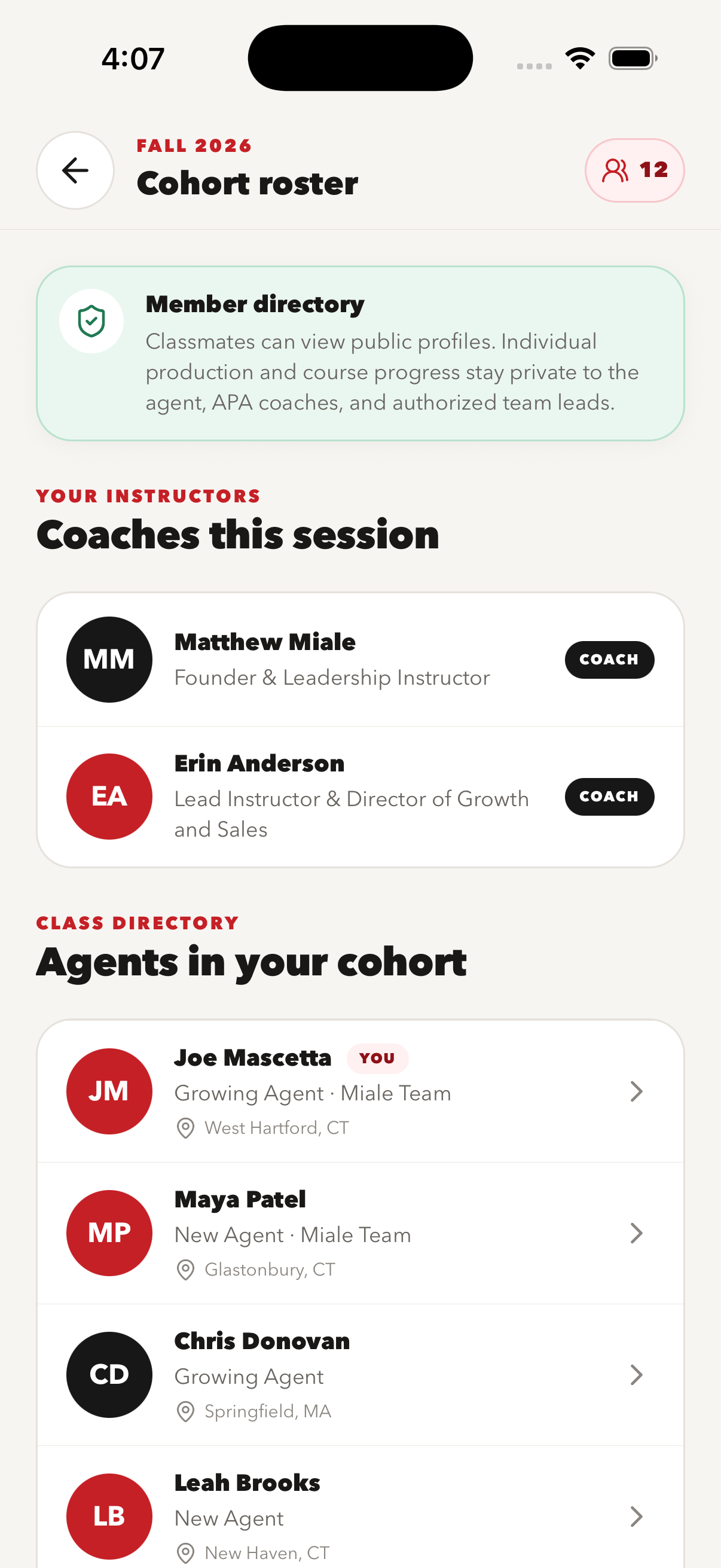 APA cohort roster showing instructors and classmates with progress privacy notice