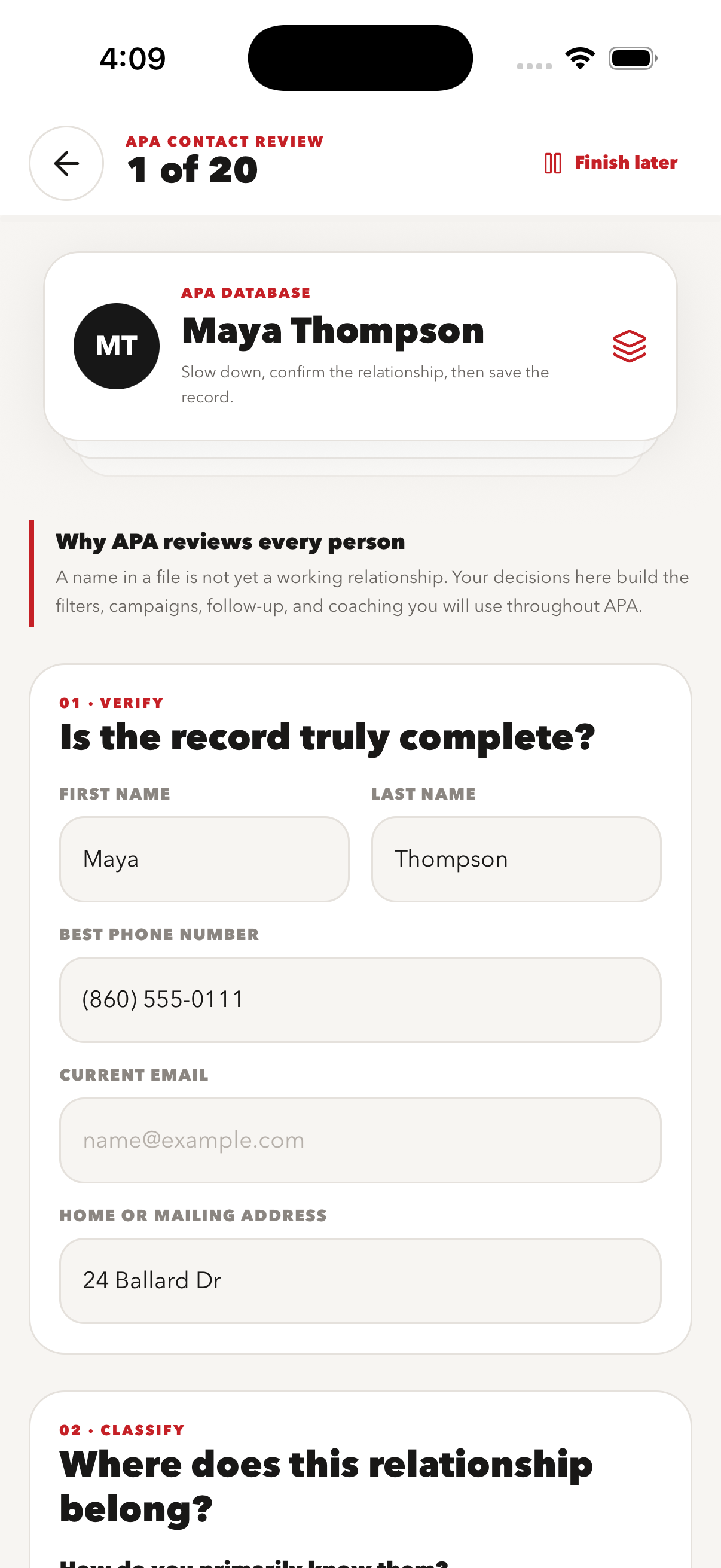 APA contact review showing the first person in a stacked queue with fields to verify and classify