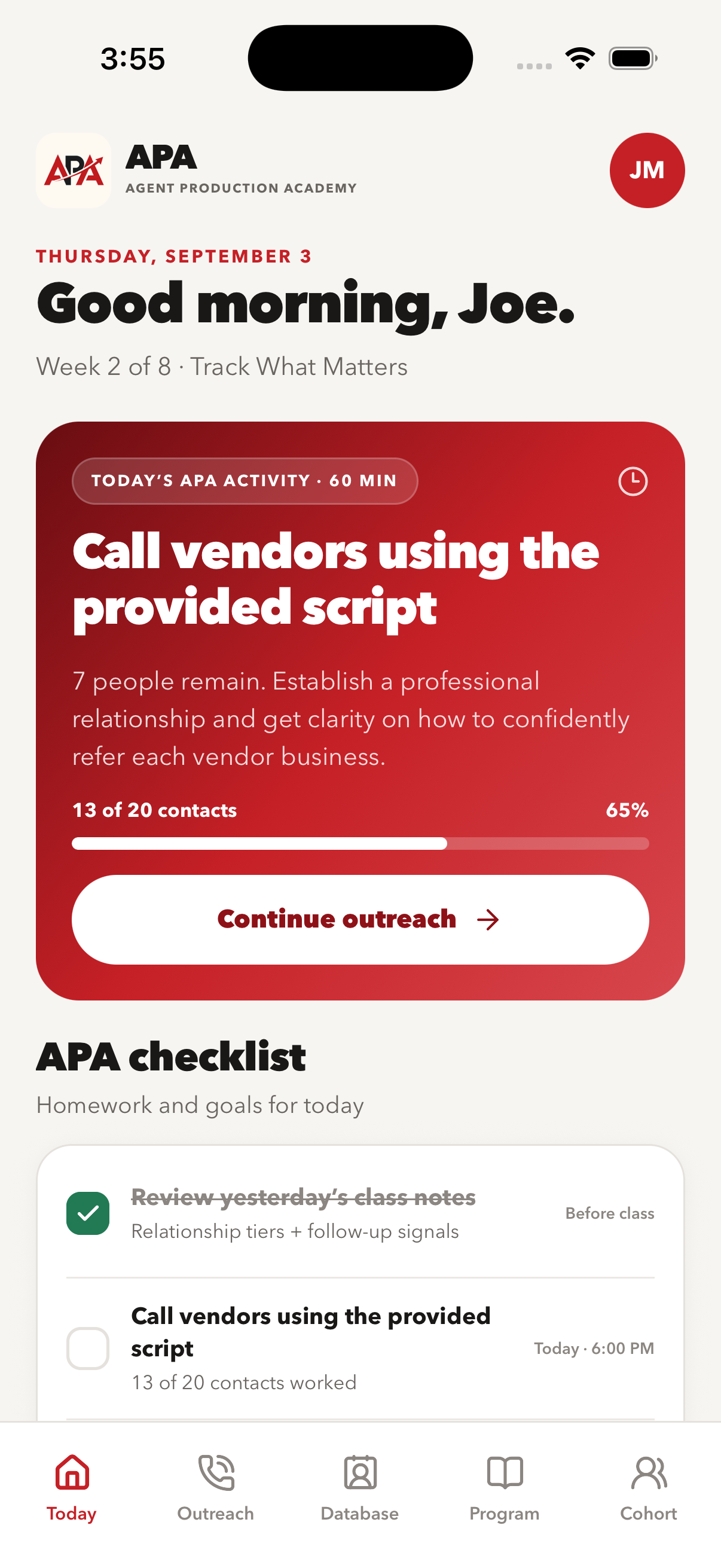 APA Today view showing Joe's vendor outreach activity and daily checklist